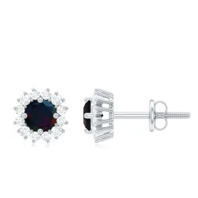 1 CT Classic Black Opal Stud Earrings with Diamond Halo