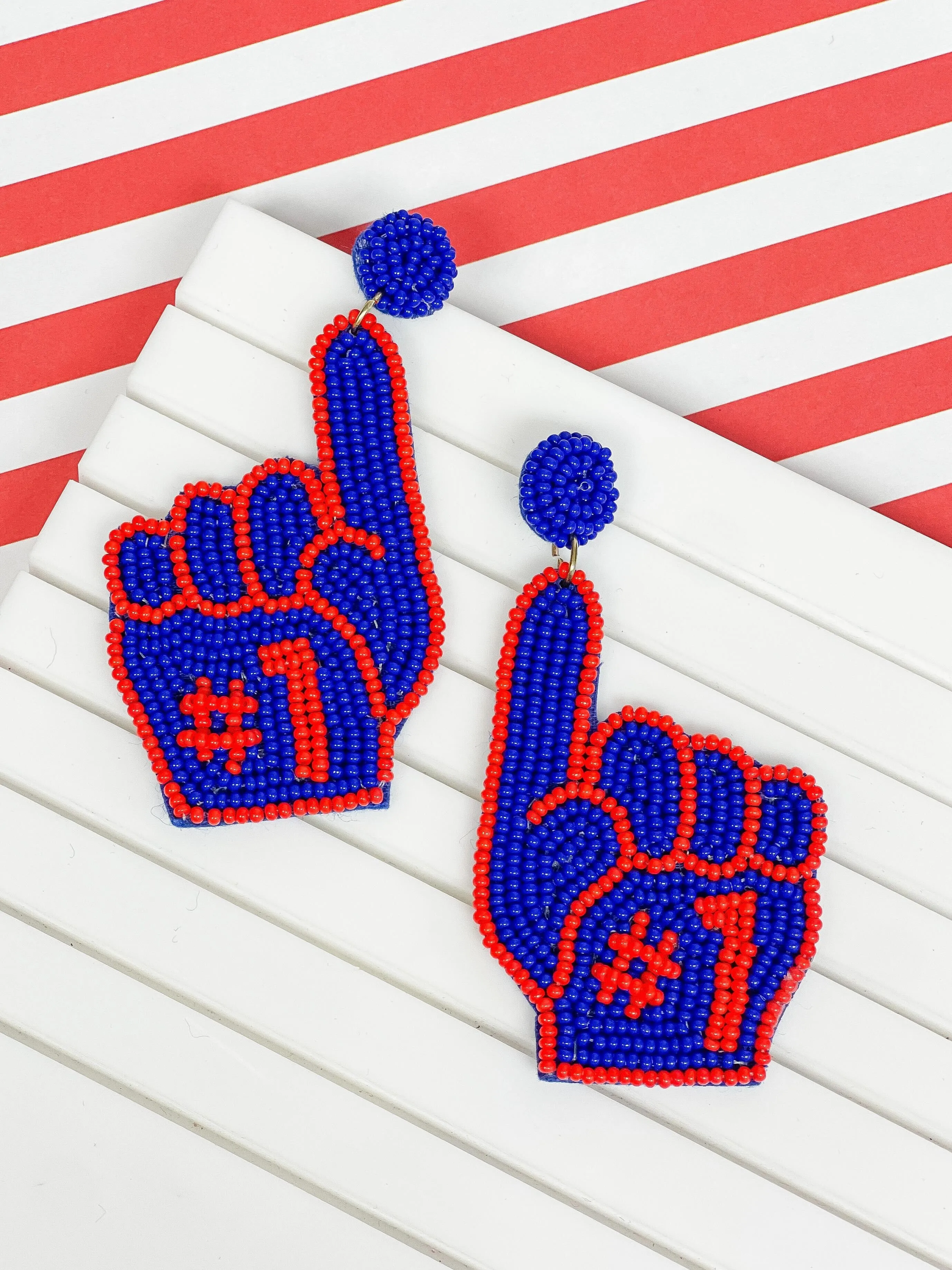 #1 Go Team Foam Finger Beaded Dangle Earrings - Blue & Red