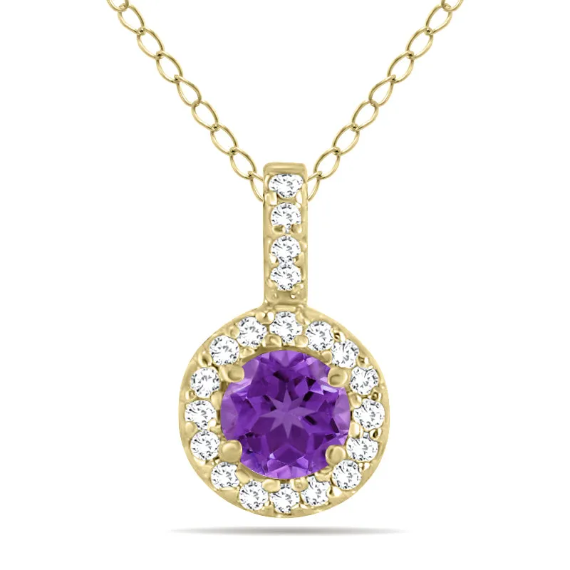 1/2 Carat Tw Halo Amethyst And Diamond Pendant In 10K Yellow Gold