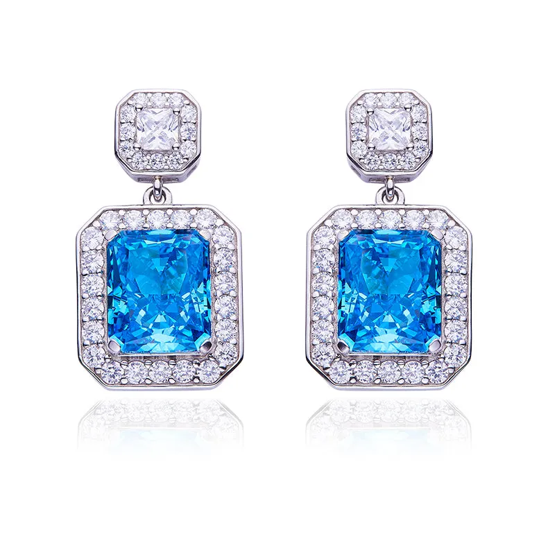 13.5Carat Rectangle Blue Zircon Halo Drop Earrings