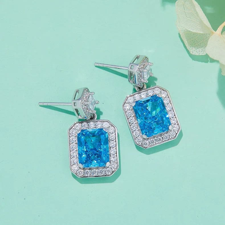 13.5Carat Rectangle Blue Zircon Halo Drop Earrings