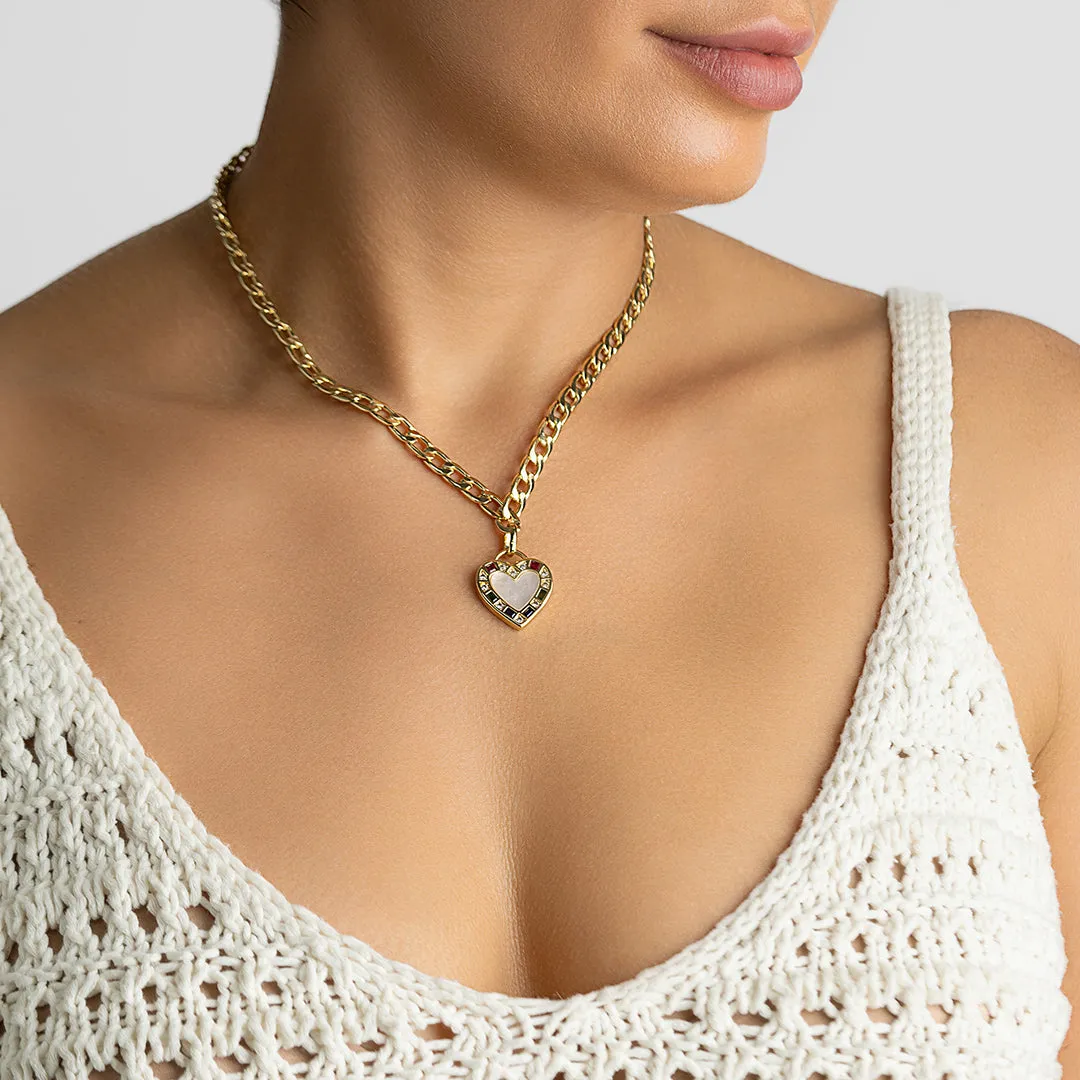 14k Gold Plated Figaro Chain Mother-of-Pearl Heart Necklace