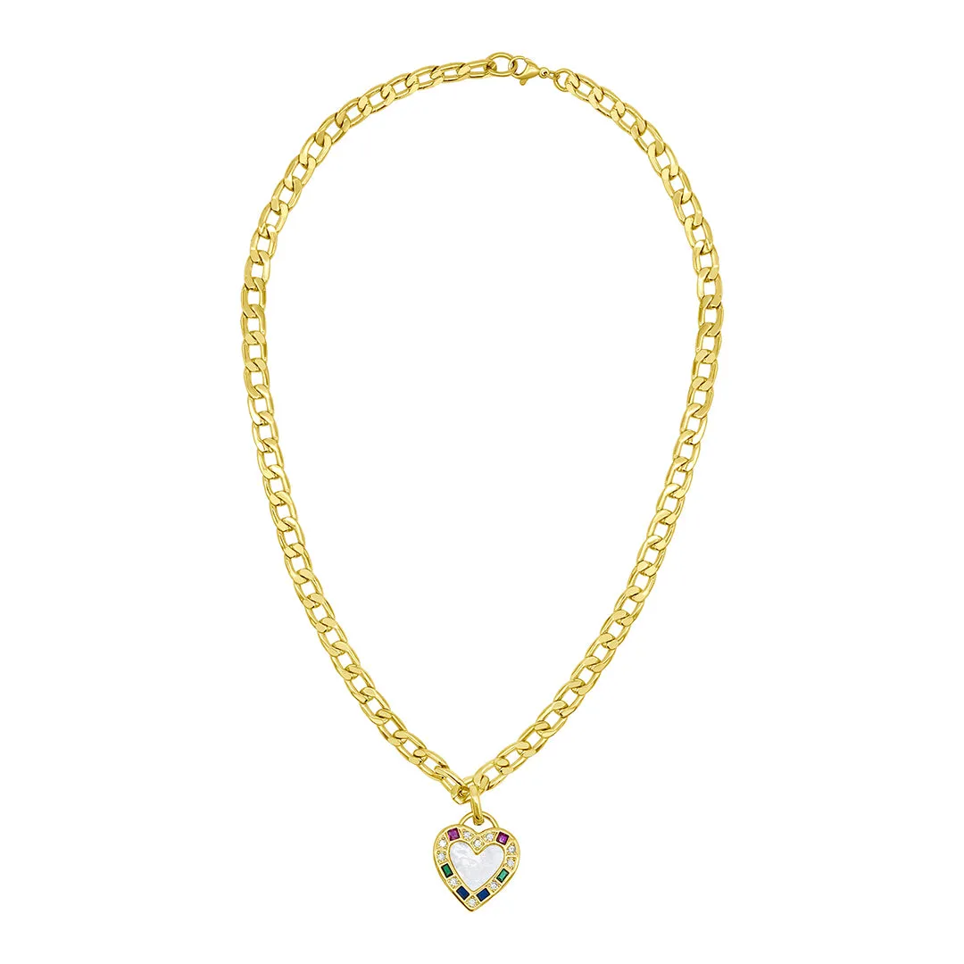 14k Gold Plated Figaro Chain Mother-of-Pearl Heart Necklace