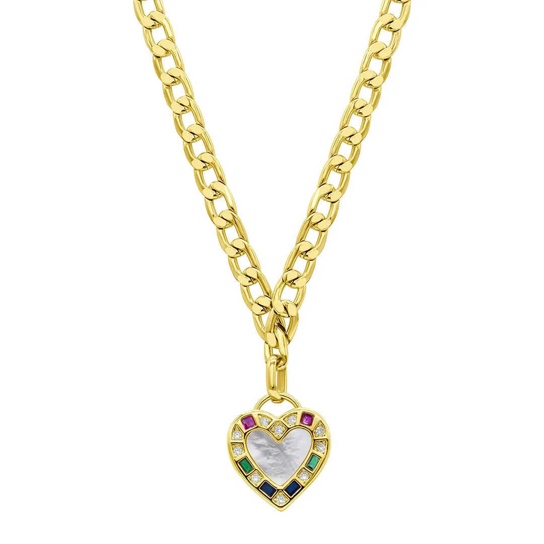 14k Gold Plated Figaro Chain Mother-of-Pearl Heart Necklace