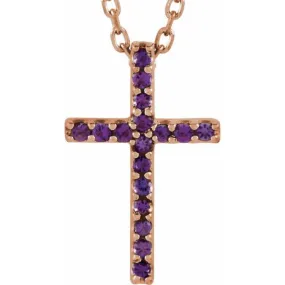 14K Rose Natural Amethyst Petite Cross 16" Necklace