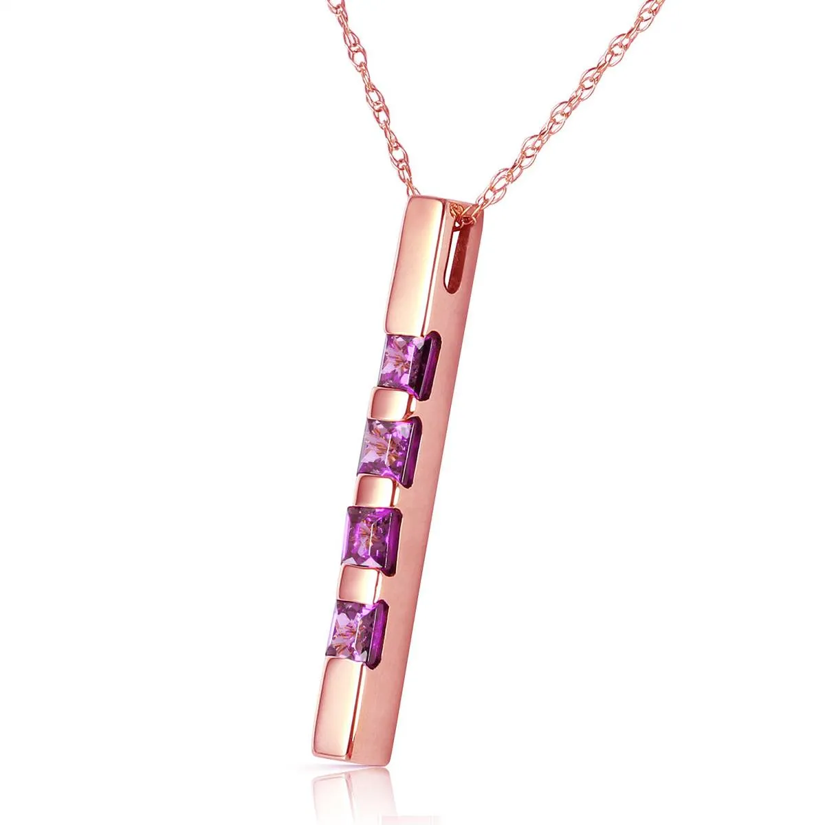 14K Solid Rose Gold Necklace Bar w/ Natural Purple Amethysts