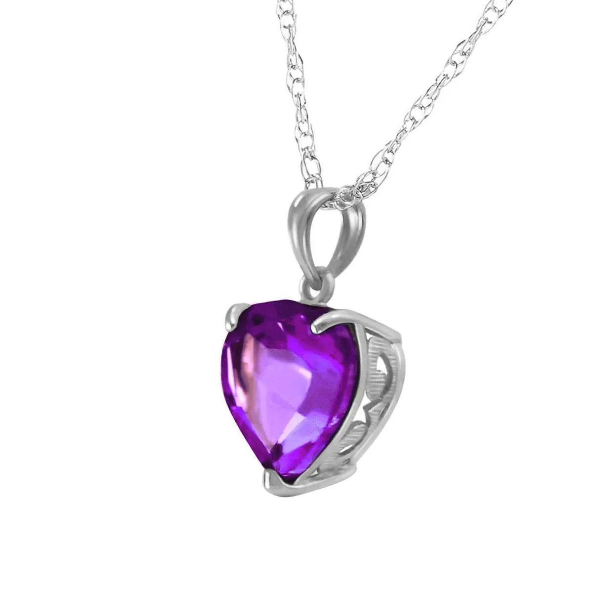 14K Solid White Gold Necklace w/ Natural 10mm Heart Amethyst