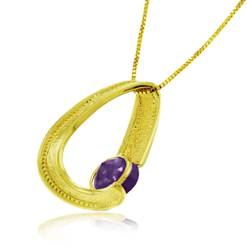 14K Solid Yellow Gold Modern Necklace w/ Natural Amethyst