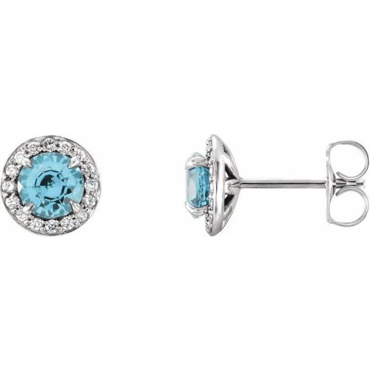 14K White 3.5 mm Natural Blue Zircon & 1/8 CTW Natural Diamond Earrings