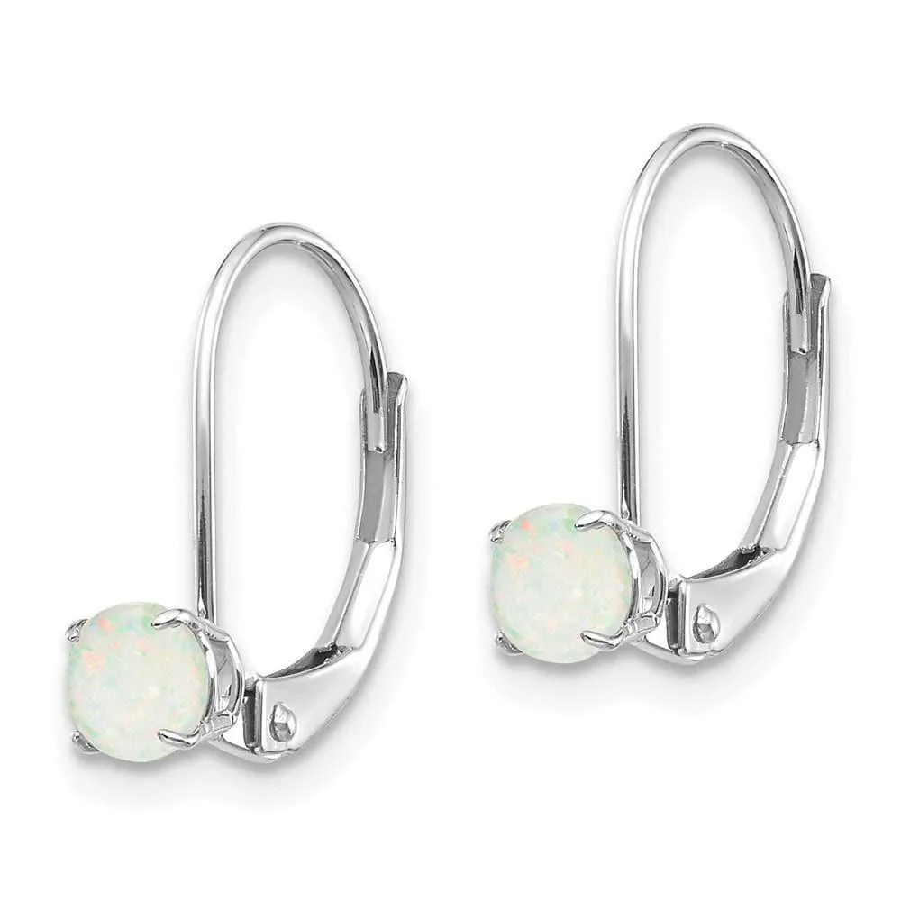 14k White Gold 4mm Round October/Opal Leverback Earrings