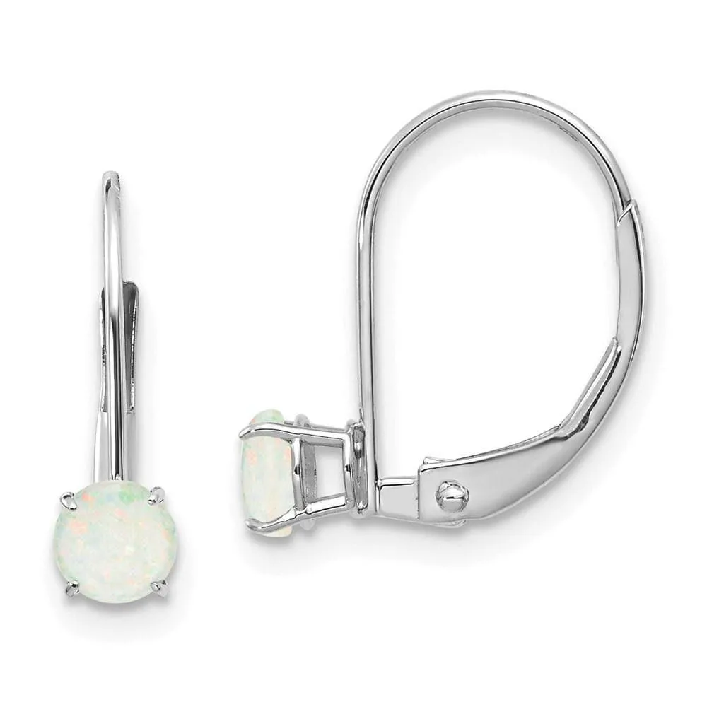 14k White Gold 4mm Round October/Opal Leverback Earrings