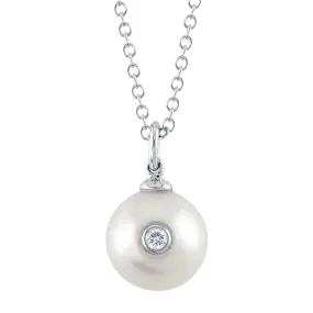 14K White Gold Cultured Pearl with Inserted Bezel Set Diamond Necklace