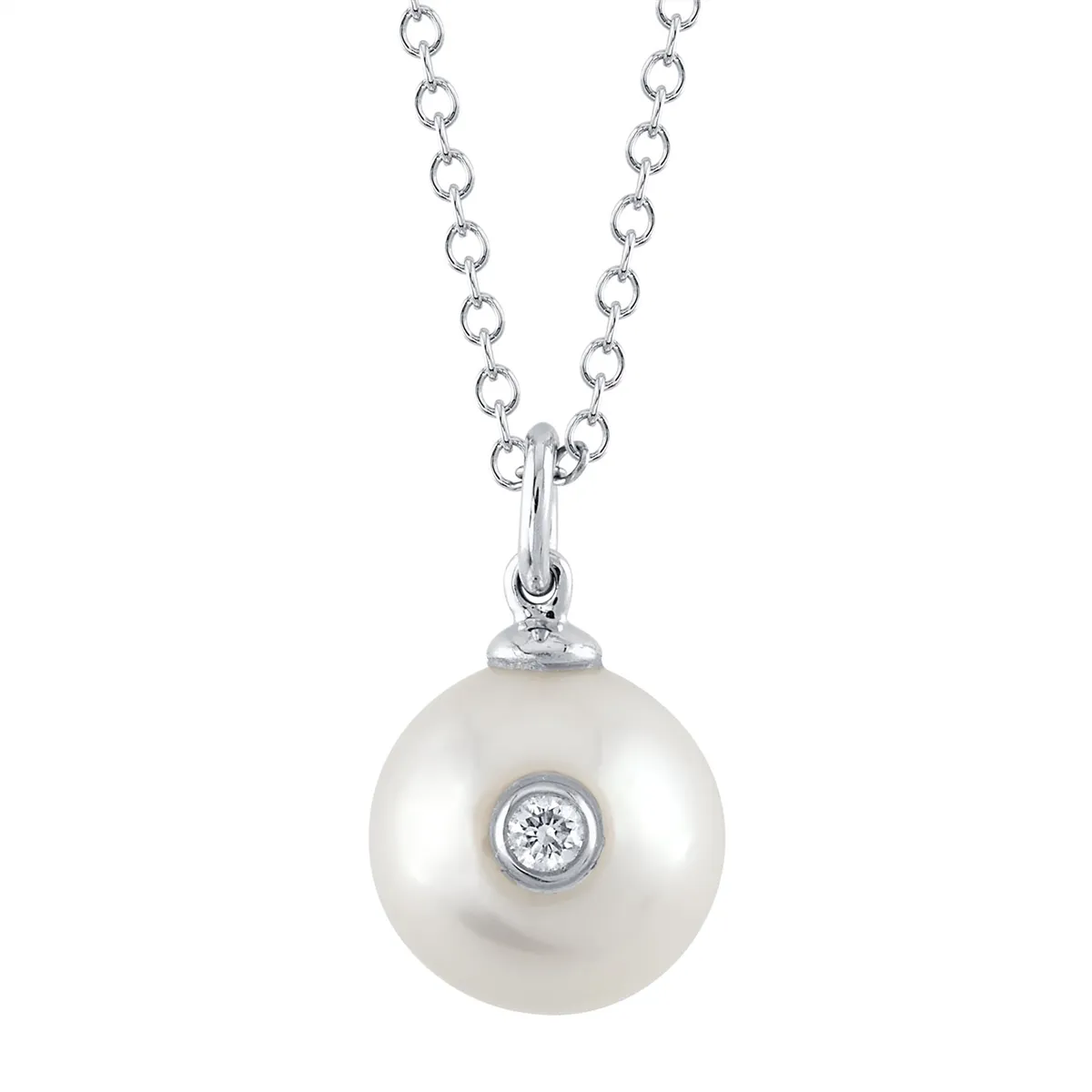 14K White Gold Cultured Pearl with Inserted Bezel Set Diamond Necklace