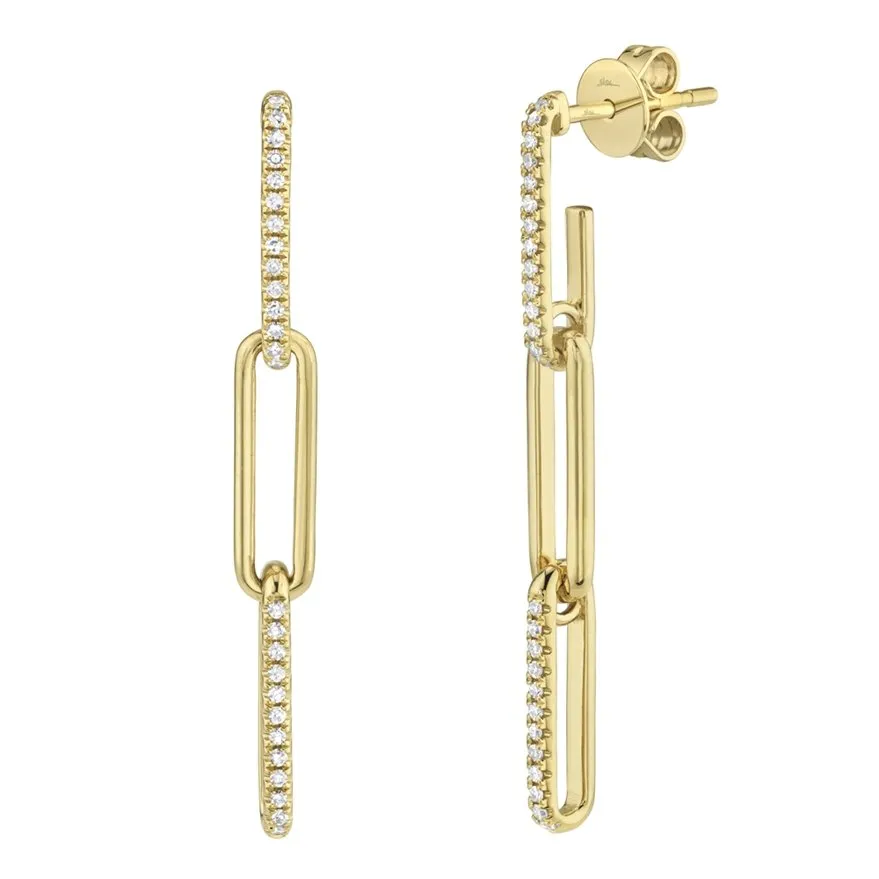 14KT GOLD 0.17 CTW DIAMOND PAPERCLIP LINK DANGLE EARRINGS