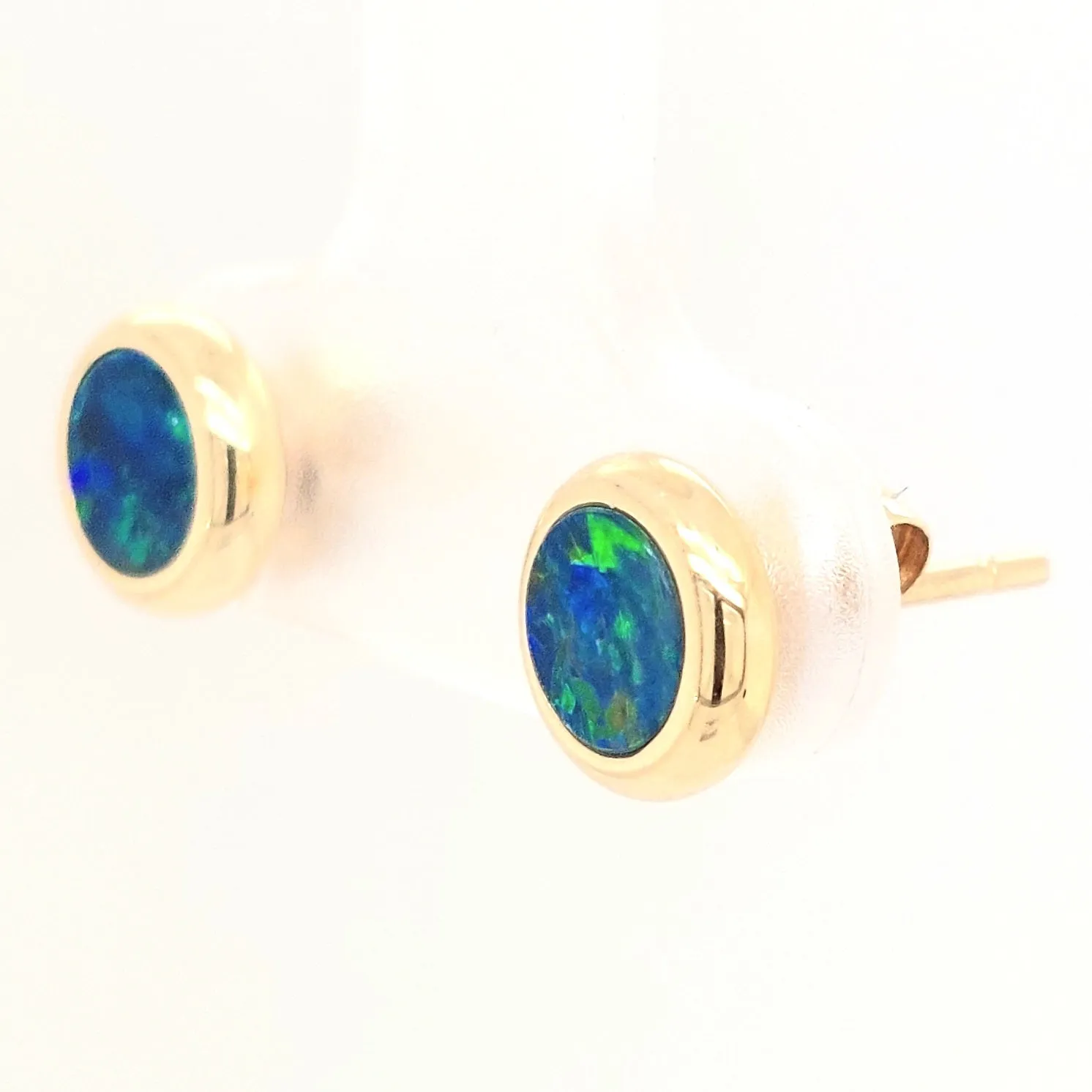 14KY  5mm Round Australian Opal Doublet Stud Earring Pair