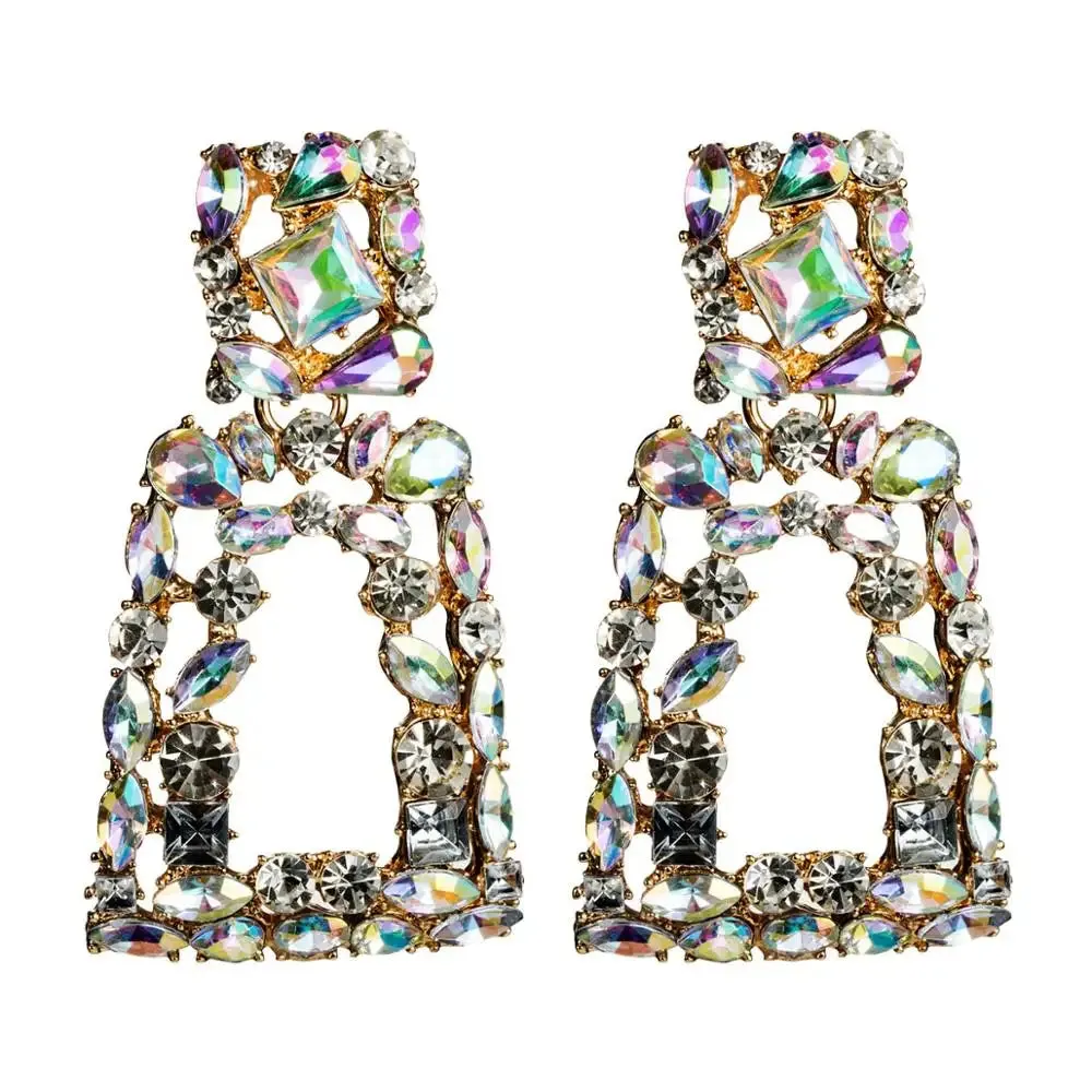 18K Gold Rhinestone Square Dangle Earrings