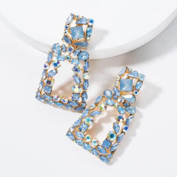 18K Gold Rhinestone Square Dangle Earrings