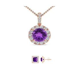 18K Rose Gold 3ct Halo Amethyst Round 18 Inch Necklace and Halo Square Earrings Set Plated