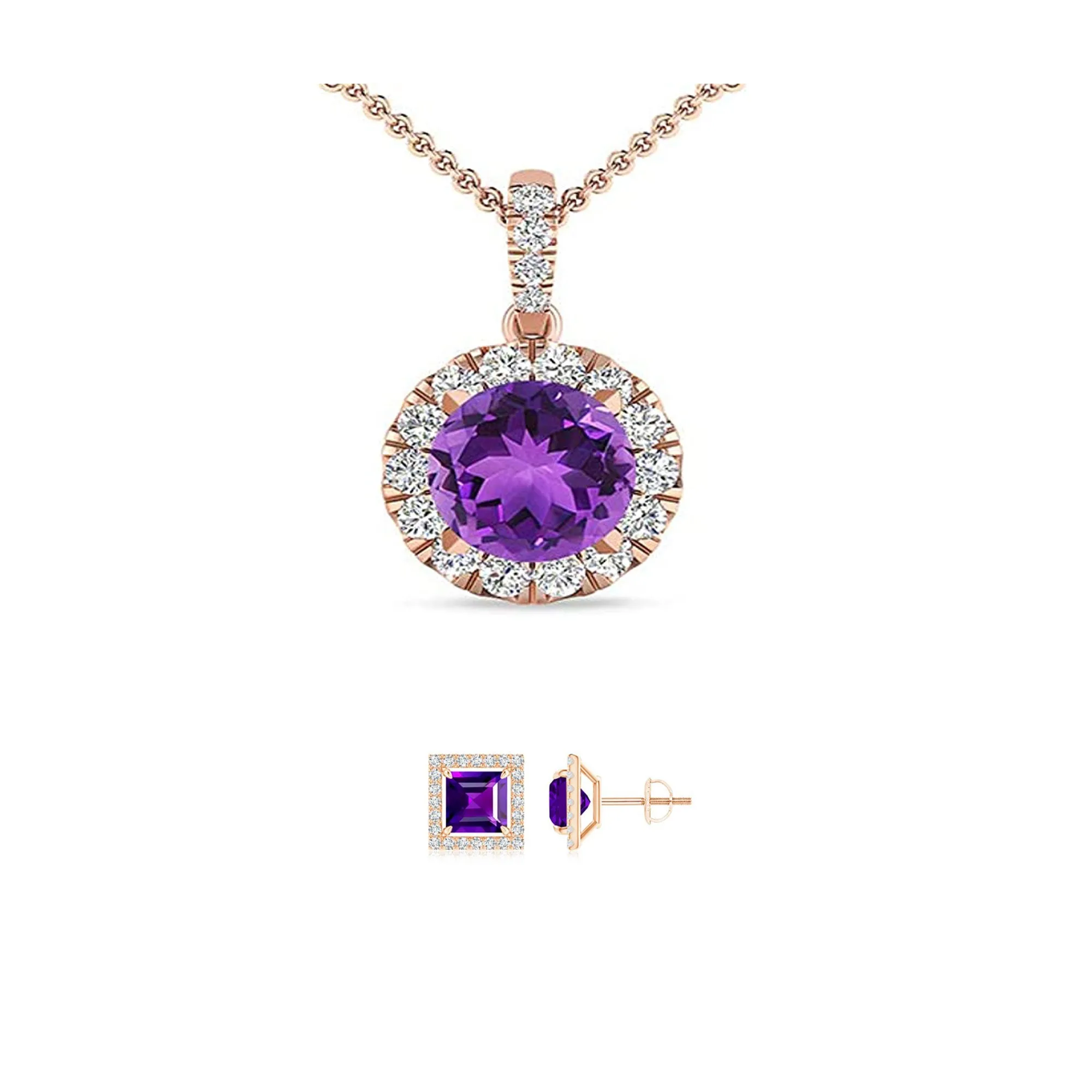 18K Rose Gold 3ct Halo Amethyst Round 18 Inch Necklace and Halo Square Earrings Set Plated