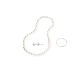 18K White Gold 3 ct Pearl Round 18 Inch Necklace, Bracelet and Earrings Set Plated