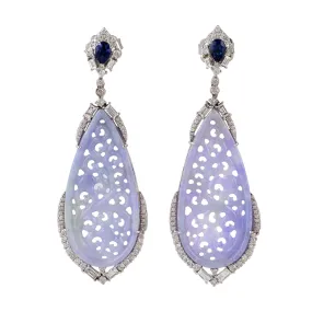 18K White gold Cared Jade Drop Baguette Diamond Pear Blue Sapphire Dangler For Her