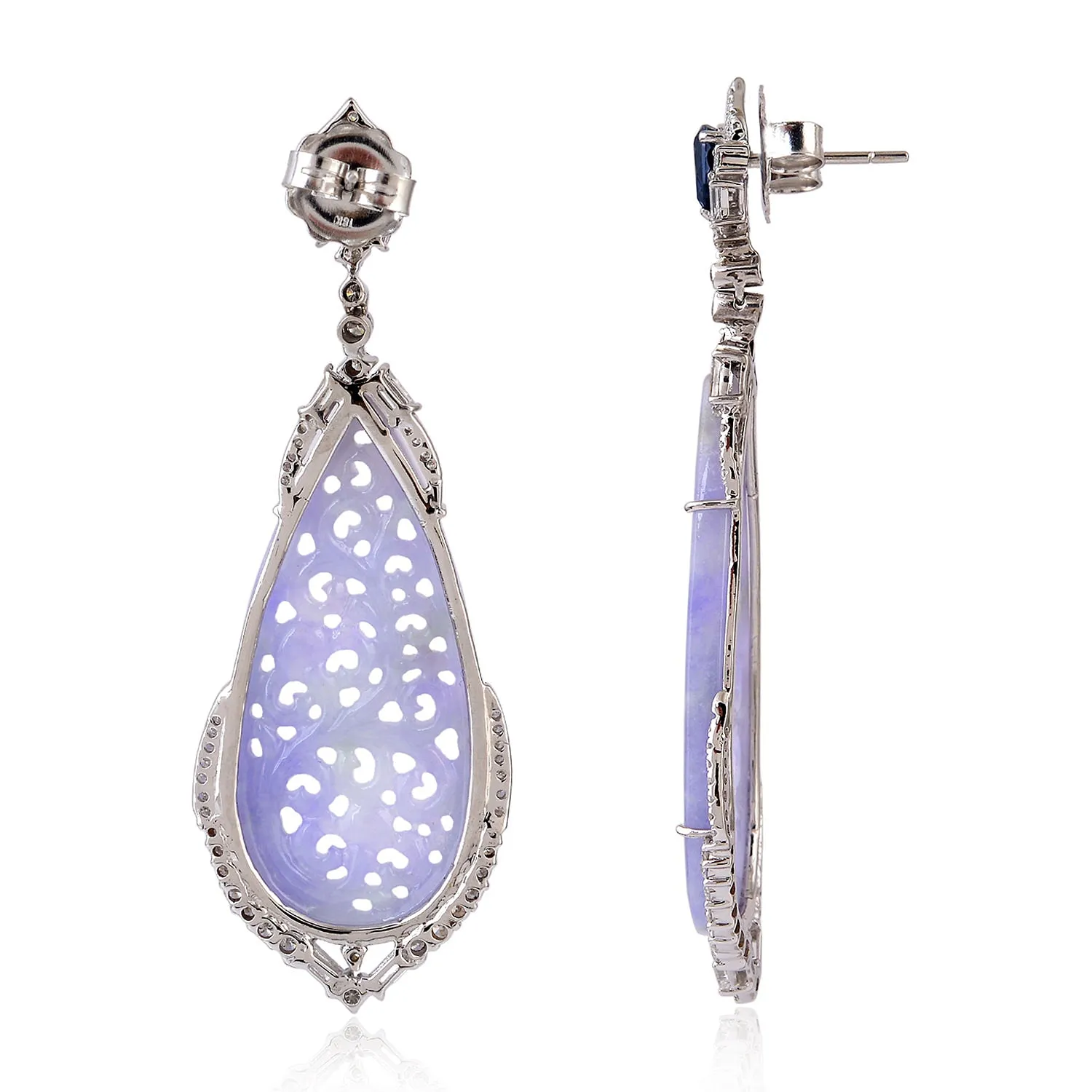 18K White gold Cared Jade Drop Baguette Diamond Pear Blue Sapphire Dangler For Her