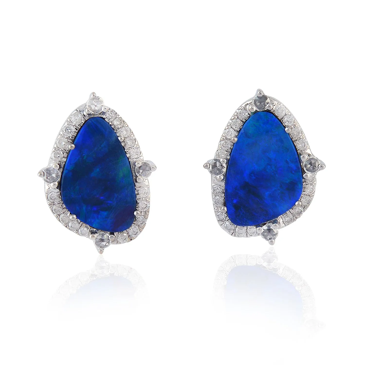 18k White Gold Micro Pave Natural Diamond Mix Opal Doublet Stud Earrings For Her