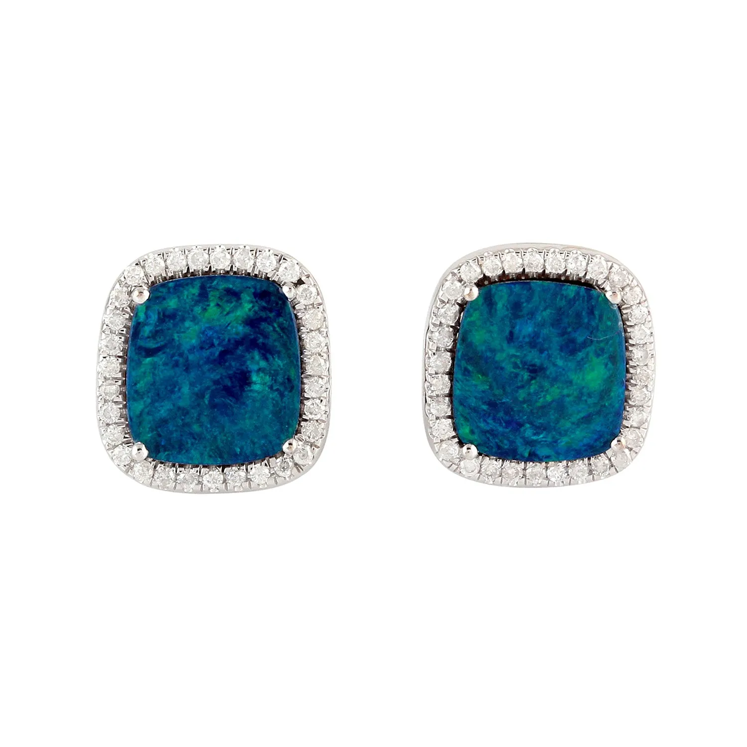 18K White Gold Micro Pave Natural Diamond Prong Opal Doublet Stud Earrings