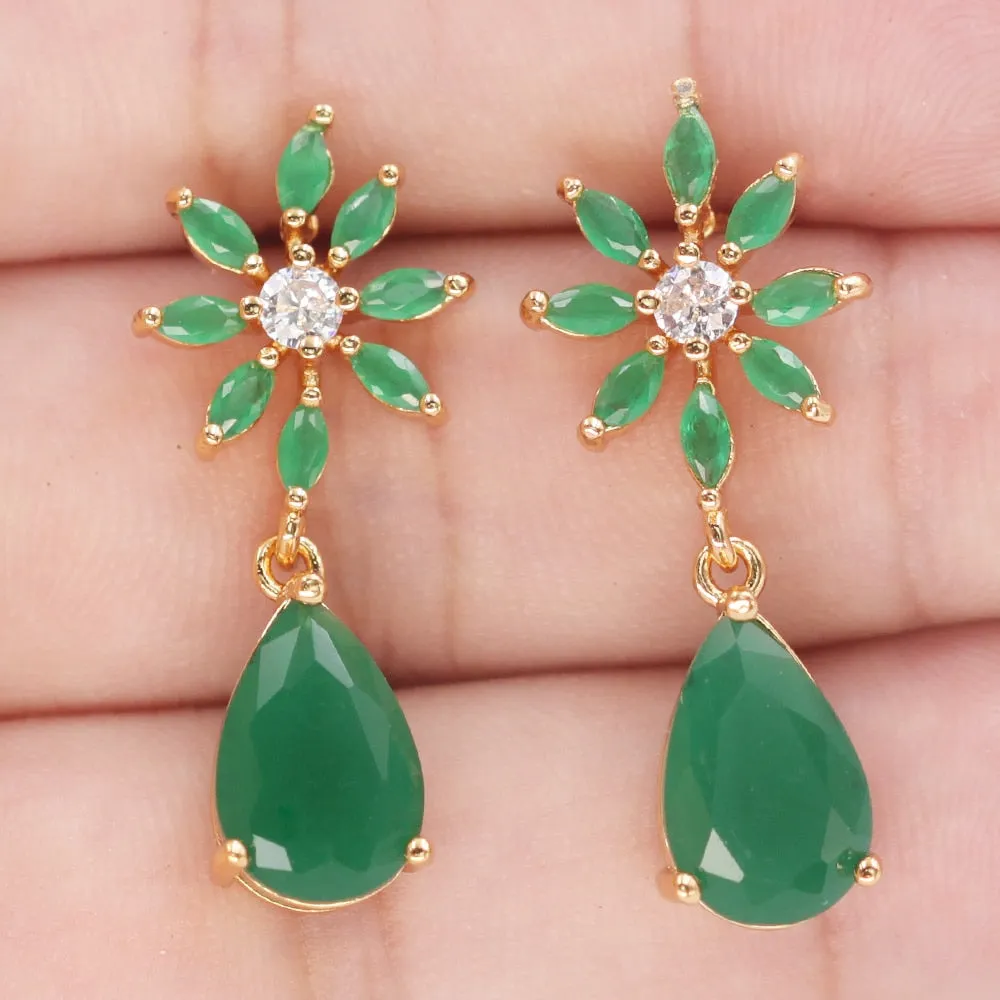 18k YGB Starburst Tear Drop Created Jade Dangle Earrings