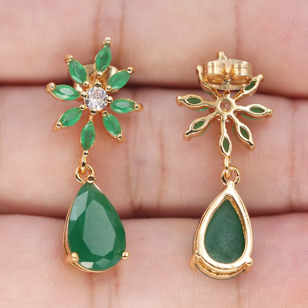 18k YGB Starburst Tear Drop Created Jade Dangle Earrings