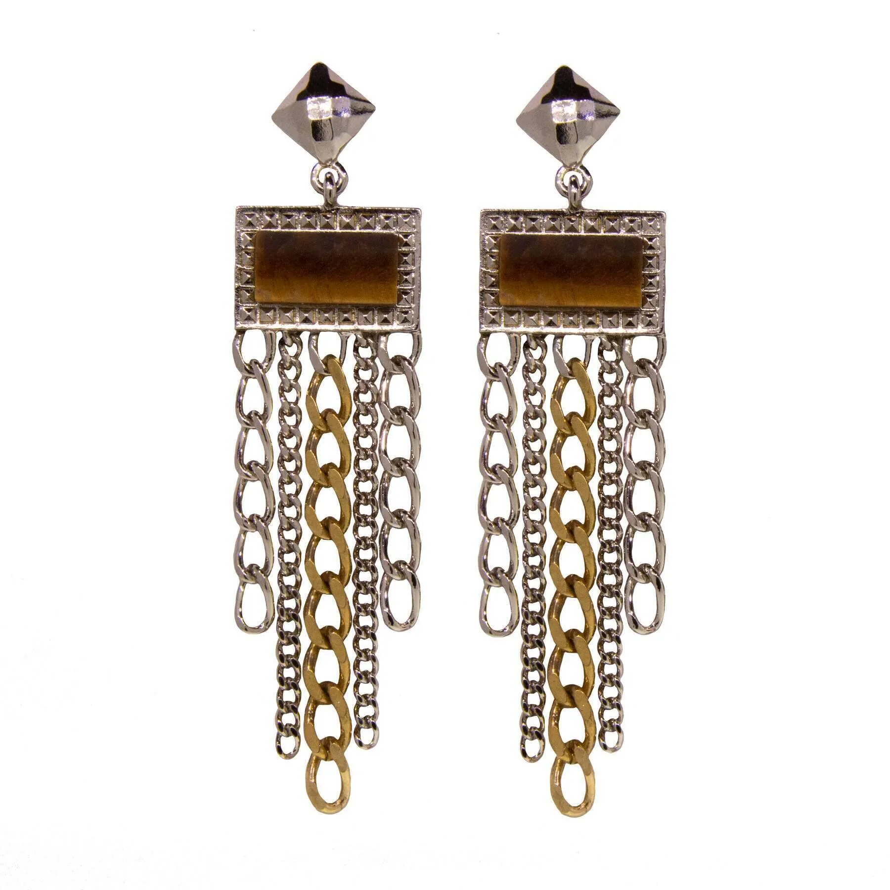 1928 Jewelry Silver & Square Gemstone Multi Chain Drop Earrings