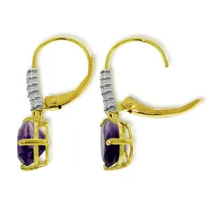 3.15 Carat 14K Solid Yellow Gold Leverback Earrings Natural Diamond Amethyst