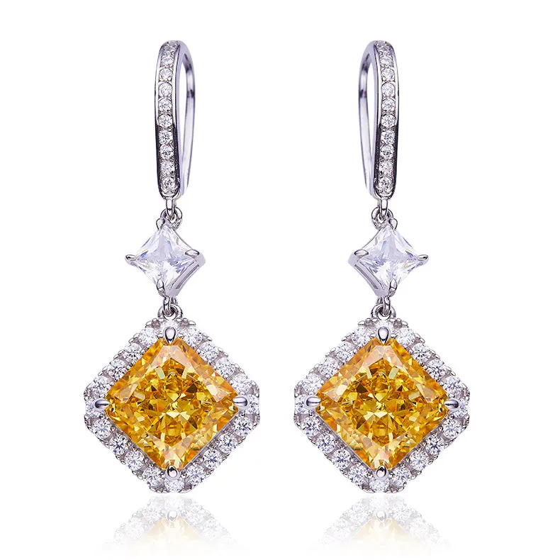 4.0Carat Square Yellow Zircon Hook Earrings