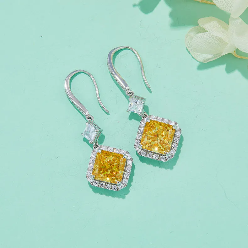 4.0Carat Square Yellow Zircon Hook Earrings