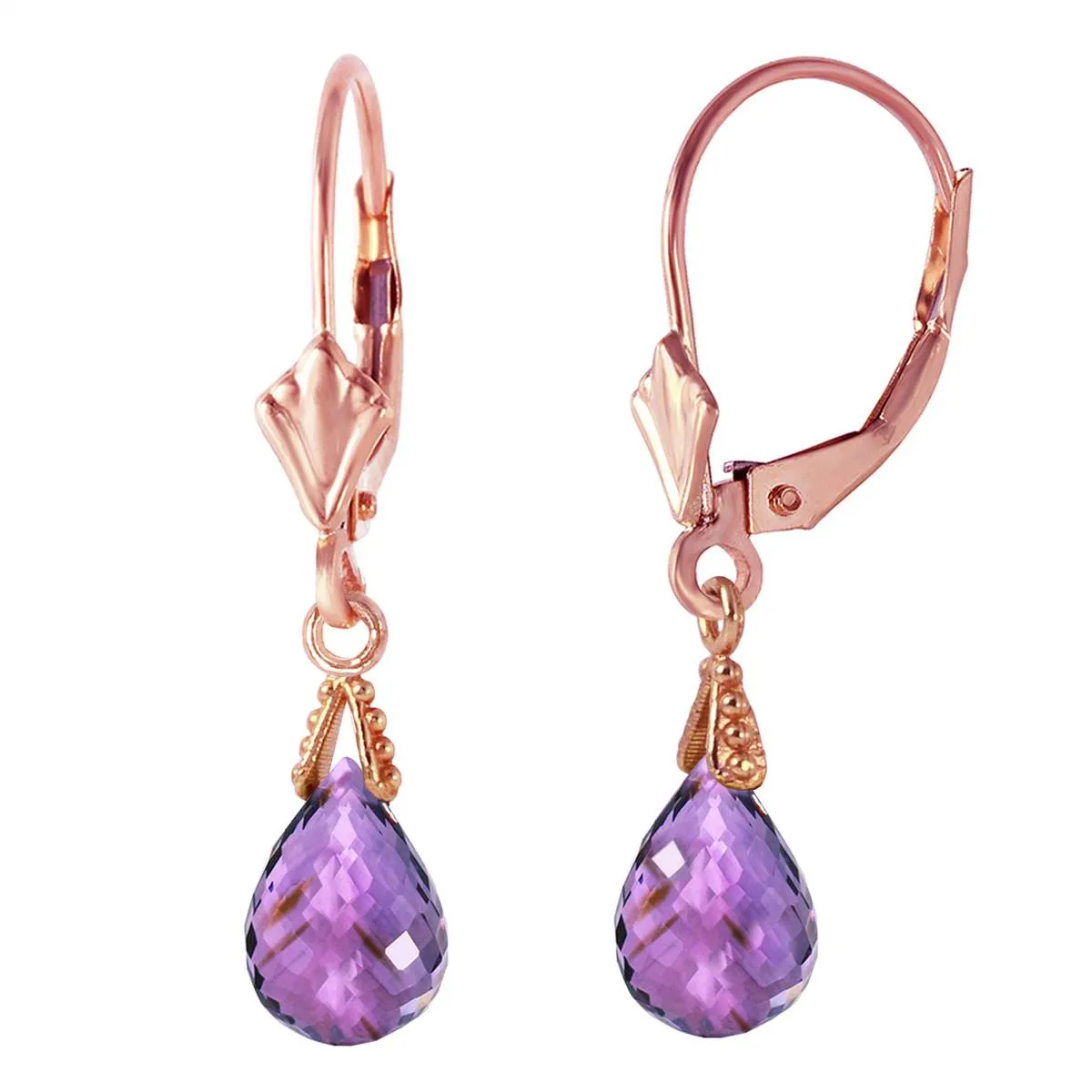 4.5 Carat 14K Solid Rose Gold Leverback Earrings Briolette Amethyst