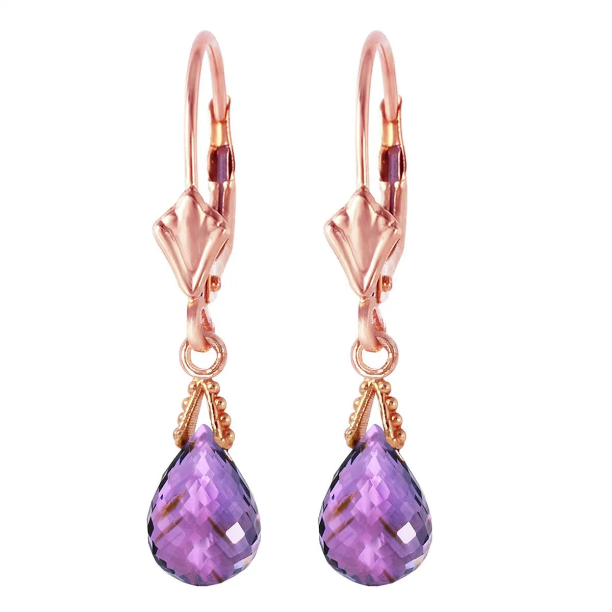 4.5 Carat 14K Solid Rose Gold Leverback Earrings Briolette Amethyst