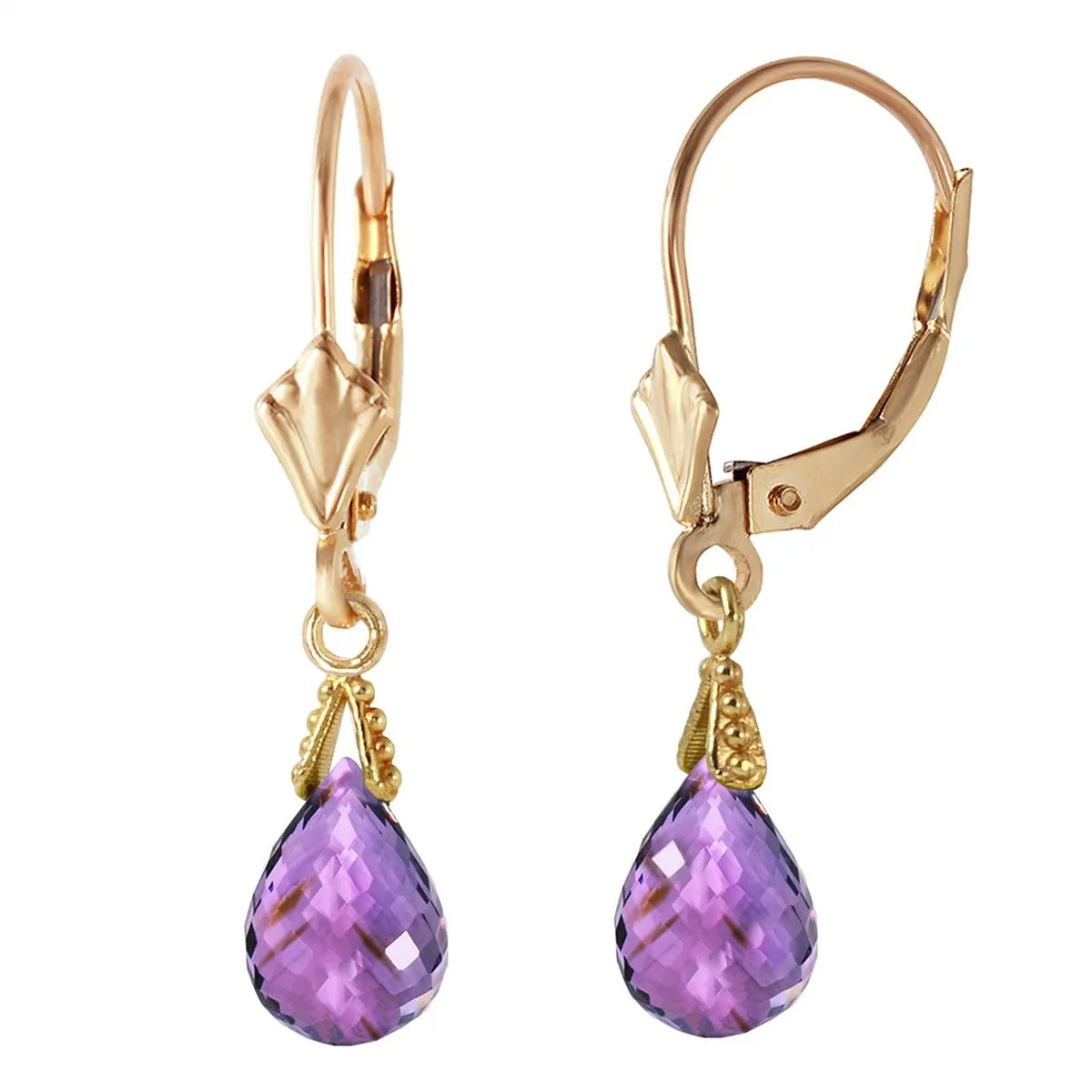 4.5 Carat 14K Solid Yellow Gold Leverback Earrings Briolette Amethyst