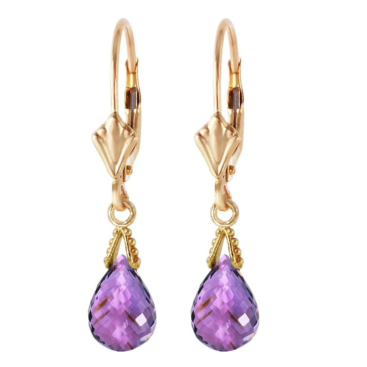 4.5 Carat 14K Solid Yellow Gold Leverback Earrings Briolette Amethyst