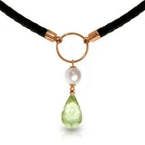 7.5 Carat 14K Solid Rose Gold Leather Necklace Pearl Green Amethyst