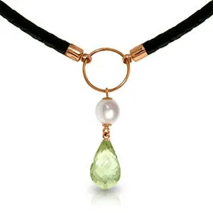 7.5 Carat 14K Solid Rose Gold Leather Necklace Pearl Green Amethyst