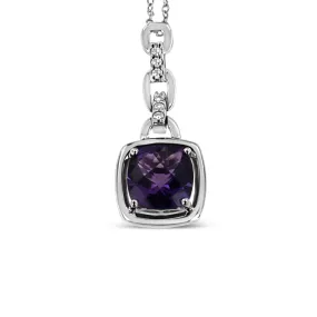 .925 Sterling Silver 6x6MM Cushion Shaped Natural Purple Amethyst and Diamond Accented Bale 18" Inch Pendant Necklace