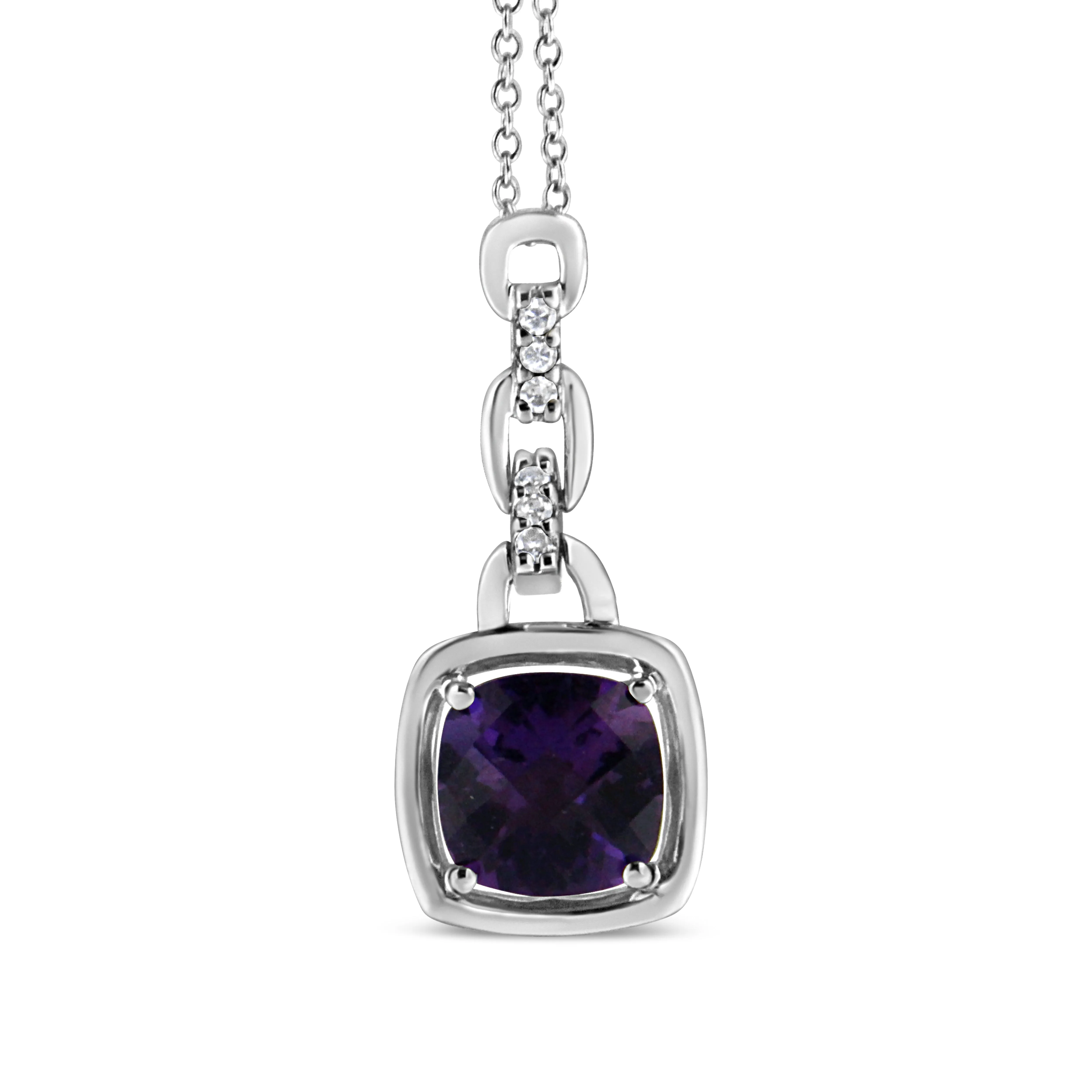 .925 Sterling Silver 6x6MM Cushion Shaped Natural Purple Amethyst and Diamond Accented Bale 18" Inch Pendant Necklace