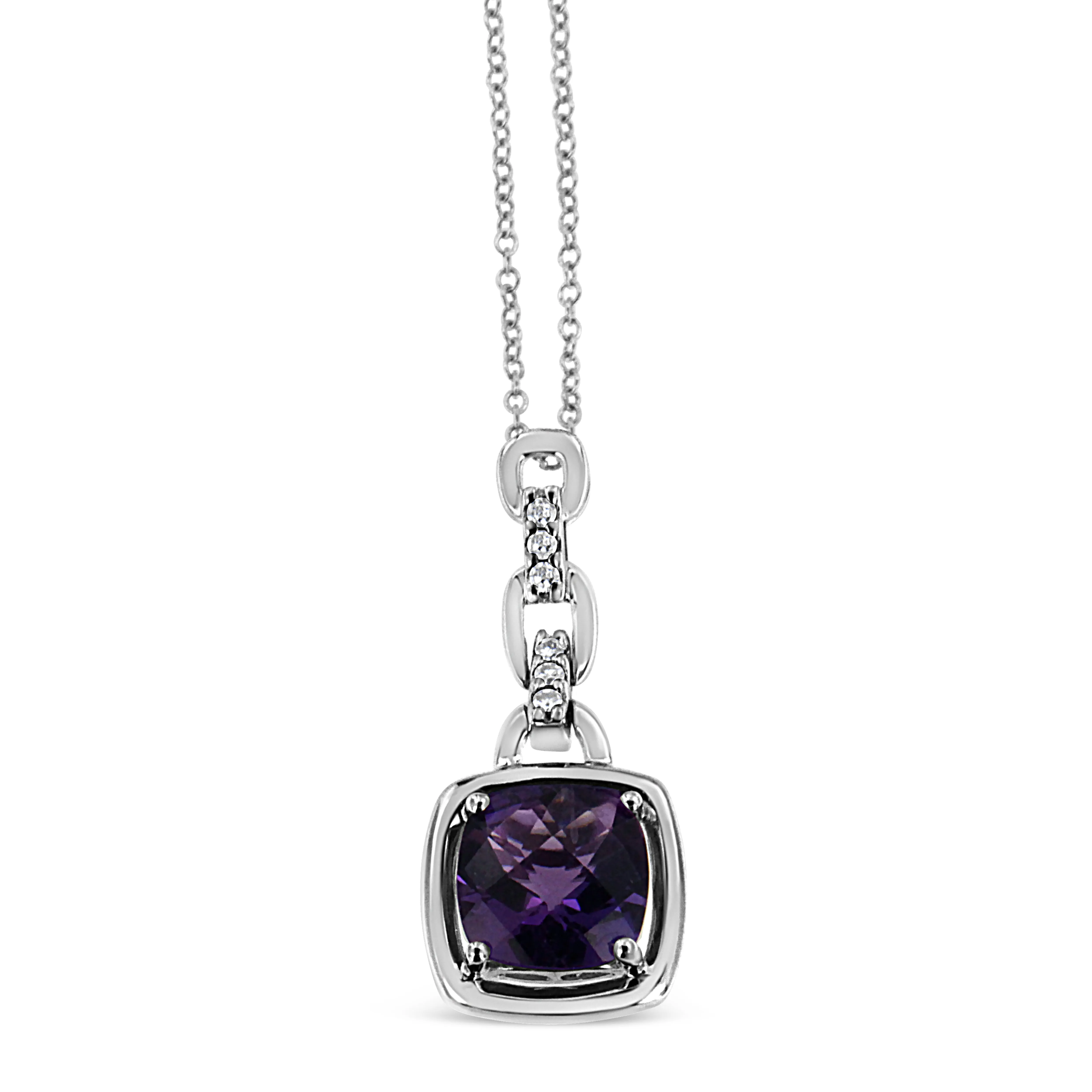 .925 Sterling Silver 6x6MM Cushion Shaped Natural Purple Amethyst and Diamond Accented Bale 18" Inch Pendant Necklace