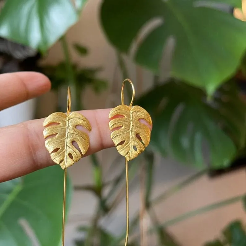 925 Sterling Silver and 14K Gold-filled Gold Monstera Leaf Earrings