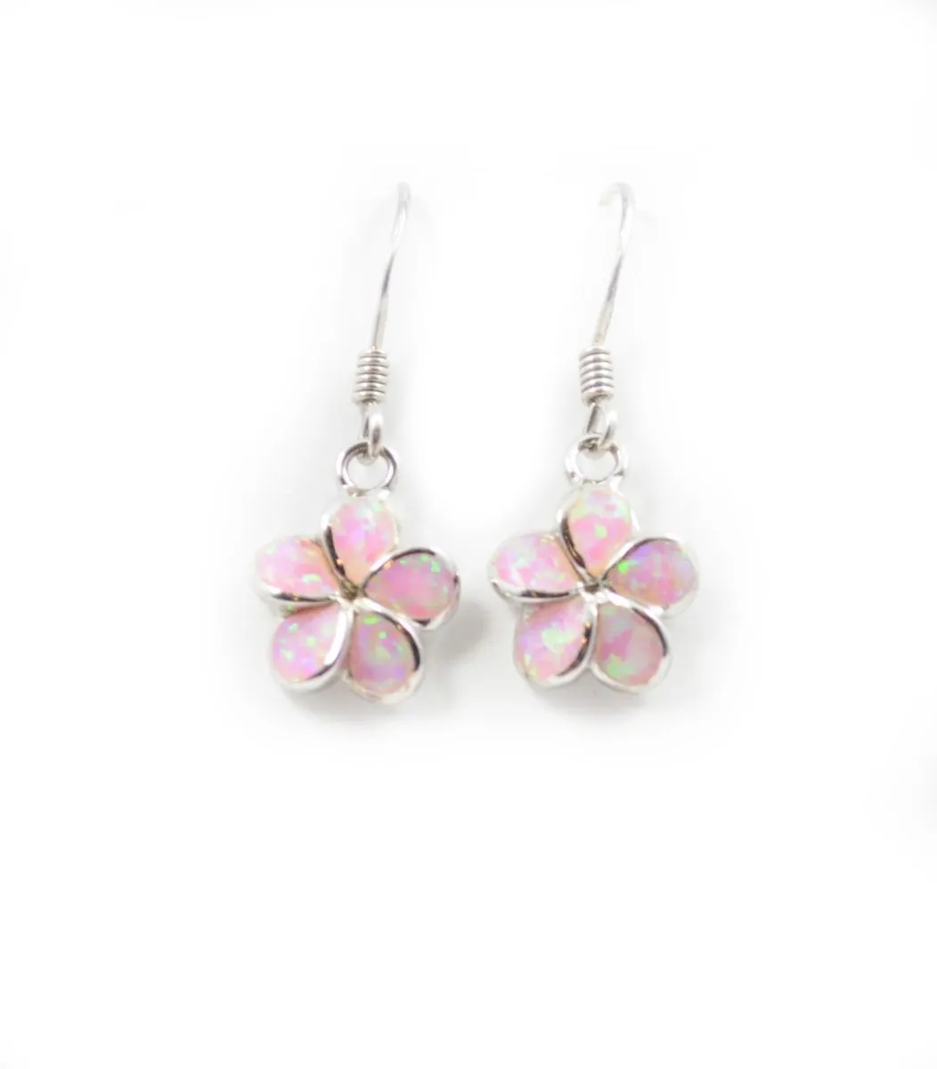 925 Sterling Silver Hawaiian Princess Plumeria Earrings. 8mm to 15mm Plumeria Pink, White or Blue Opal Flower Dangling Earrings for Women