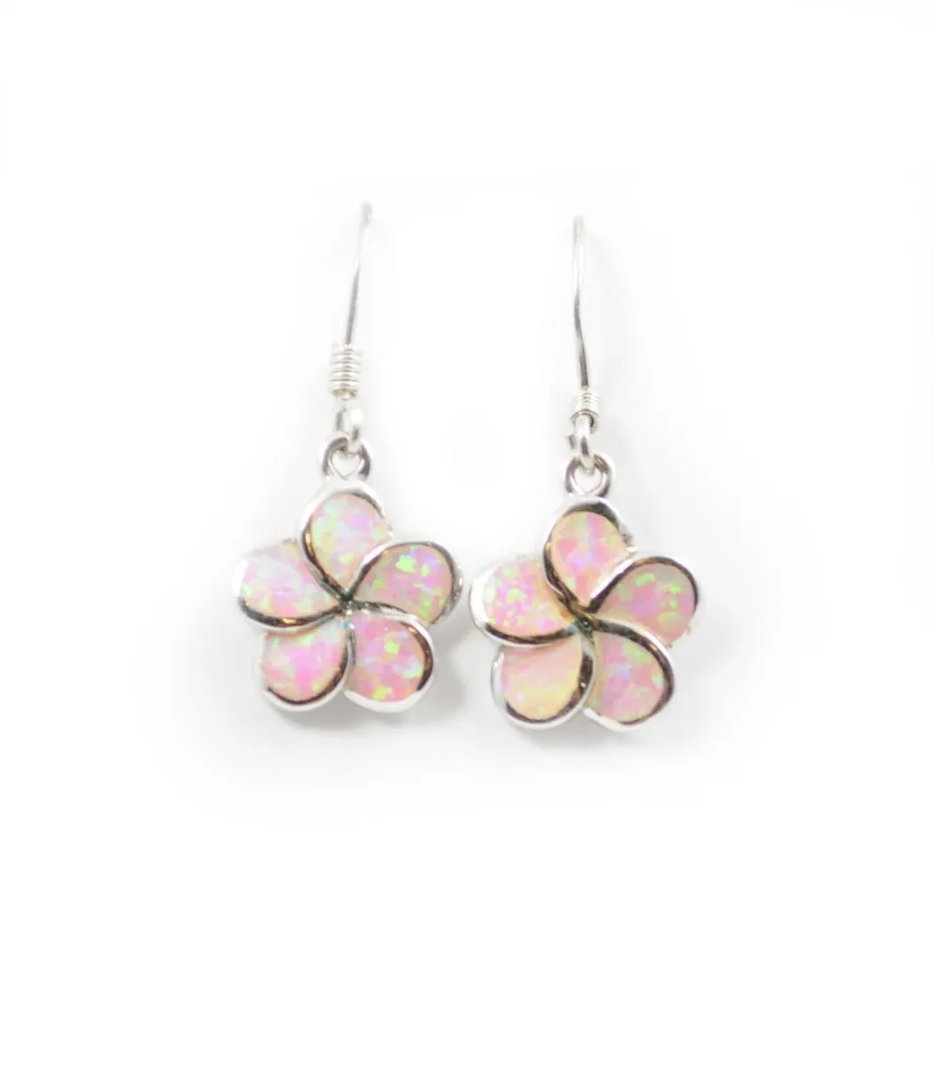 925 Sterling Silver Hawaiian Princess Plumeria Earrings. 8mm to 15mm Plumeria Pink, White or Blue Opal Flower Dangling Earrings for Women