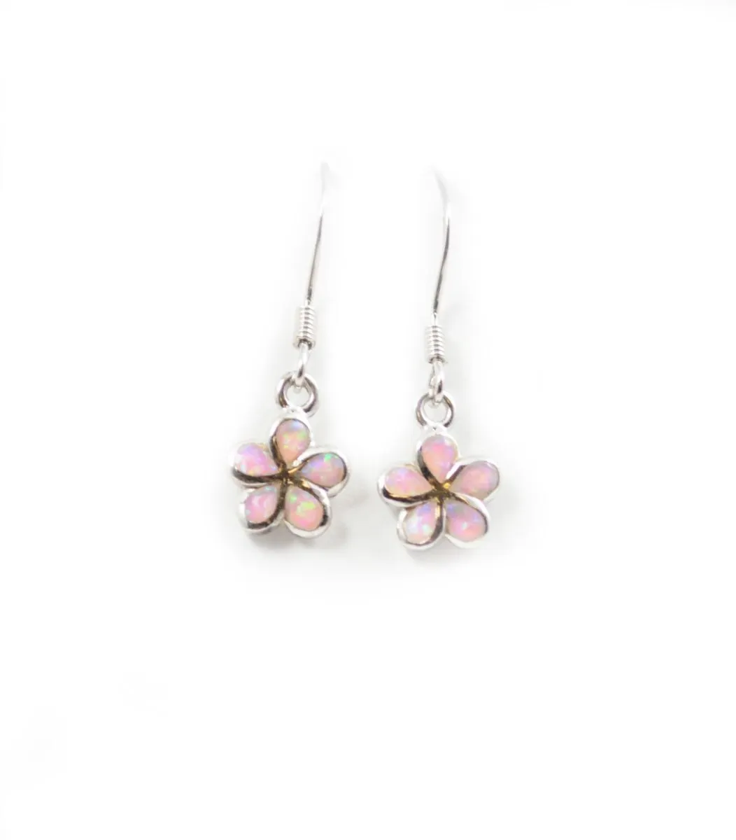 925 Sterling Silver Hawaiian Princess Plumeria Earrings. 8mm to 15mm Plumeria Pink, White or Blue Opal Flower Dangling Earrings for Women