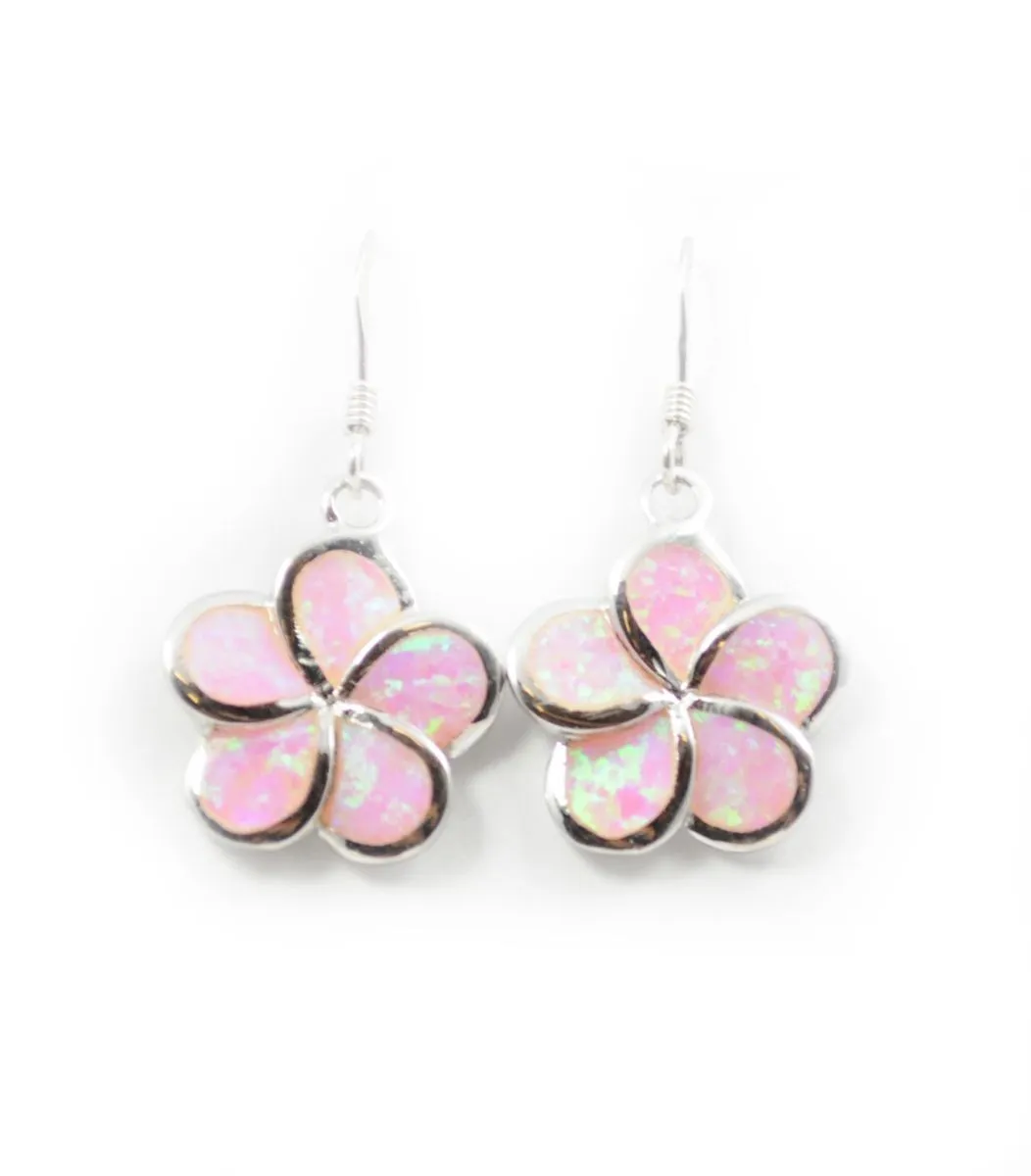 925 Sterling Silver Hawaiian Princess Plumeria Earrings. 8mm to 15mm Plumeria Pink, White or Blue Opal Flower Dangling Earrings for Women