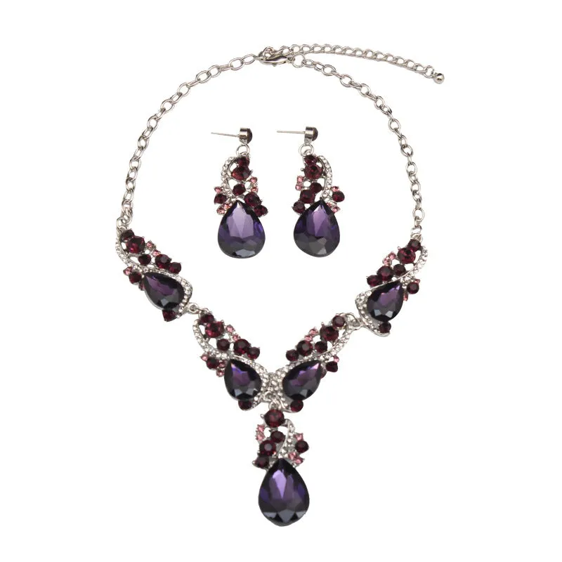 American exaggerated necklace and earrings set amethyst short clavicle chain women's dress banquet