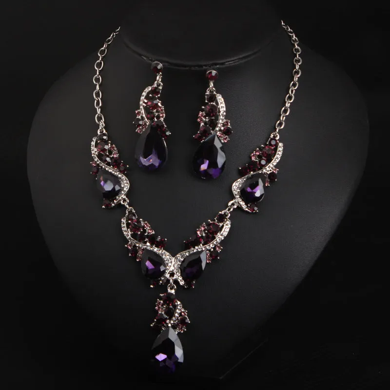 American exaggerated necklace and earrings set amethyst short clavicle chain women's dress banquet